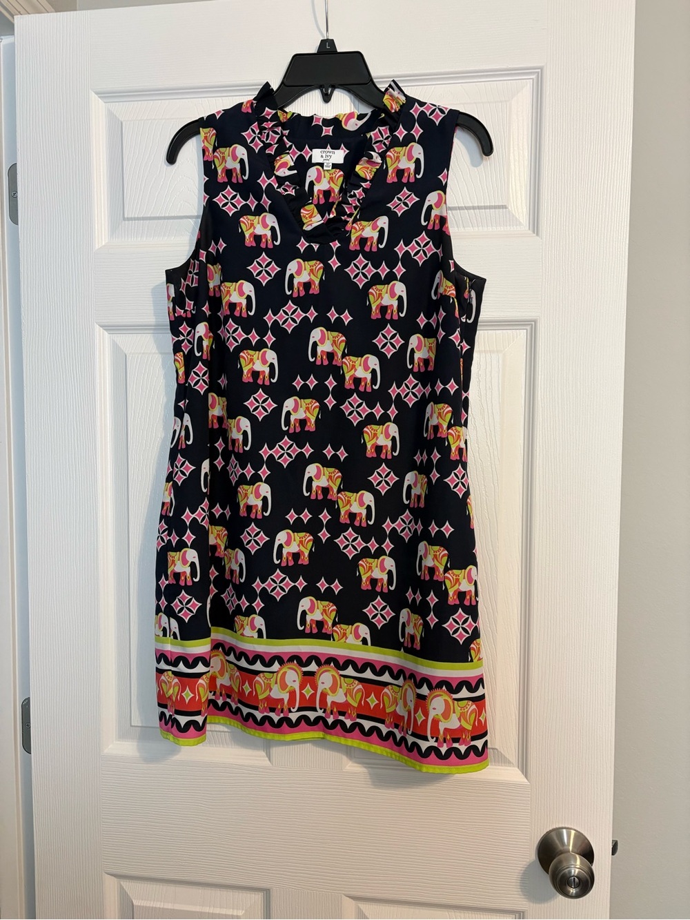 Crown & Ivy Navy Elephant Print Sleeveless Dress - Bright Pink & Yellow Accents